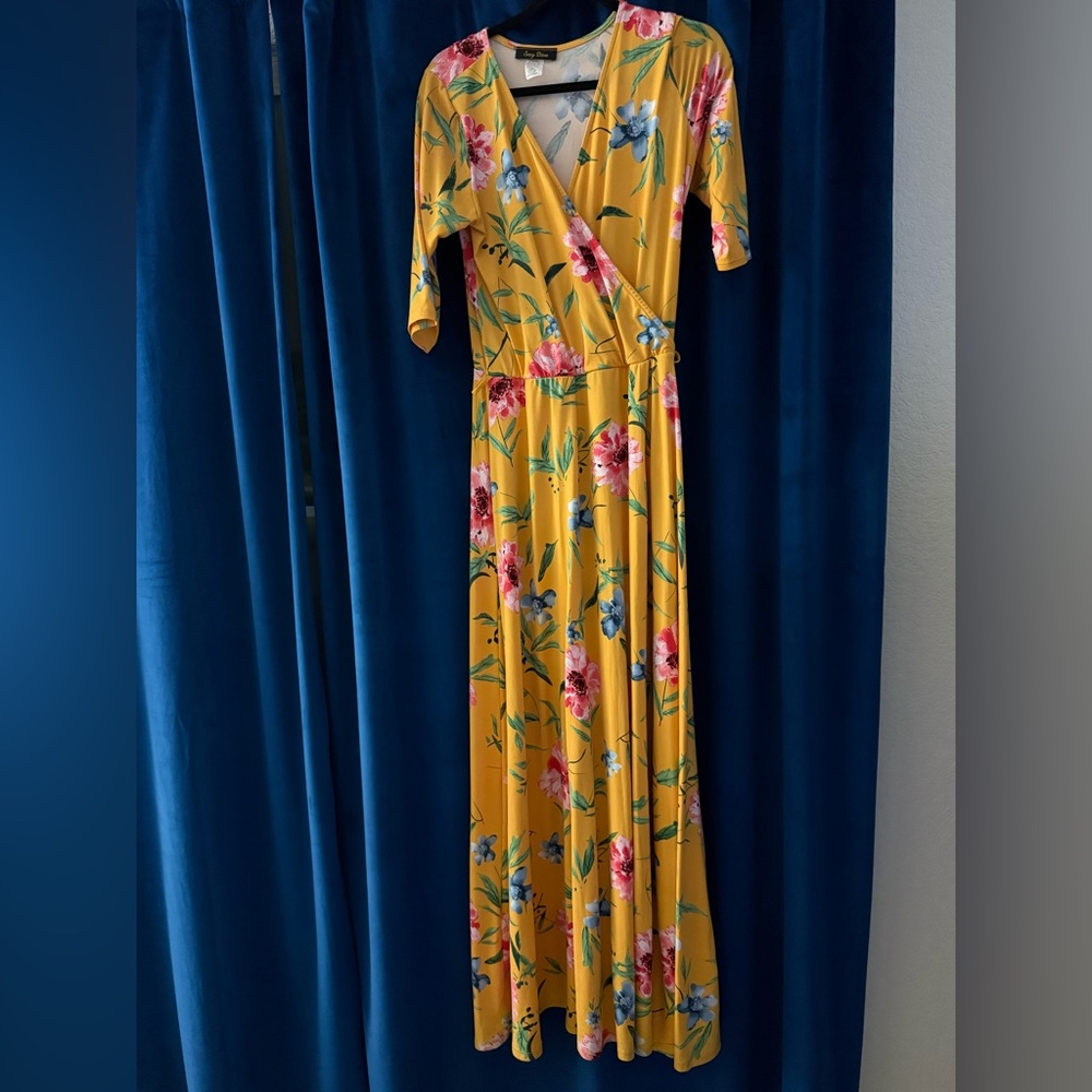 Yellow Ruched Wrap Maxi Dress with Flutter Sleeves